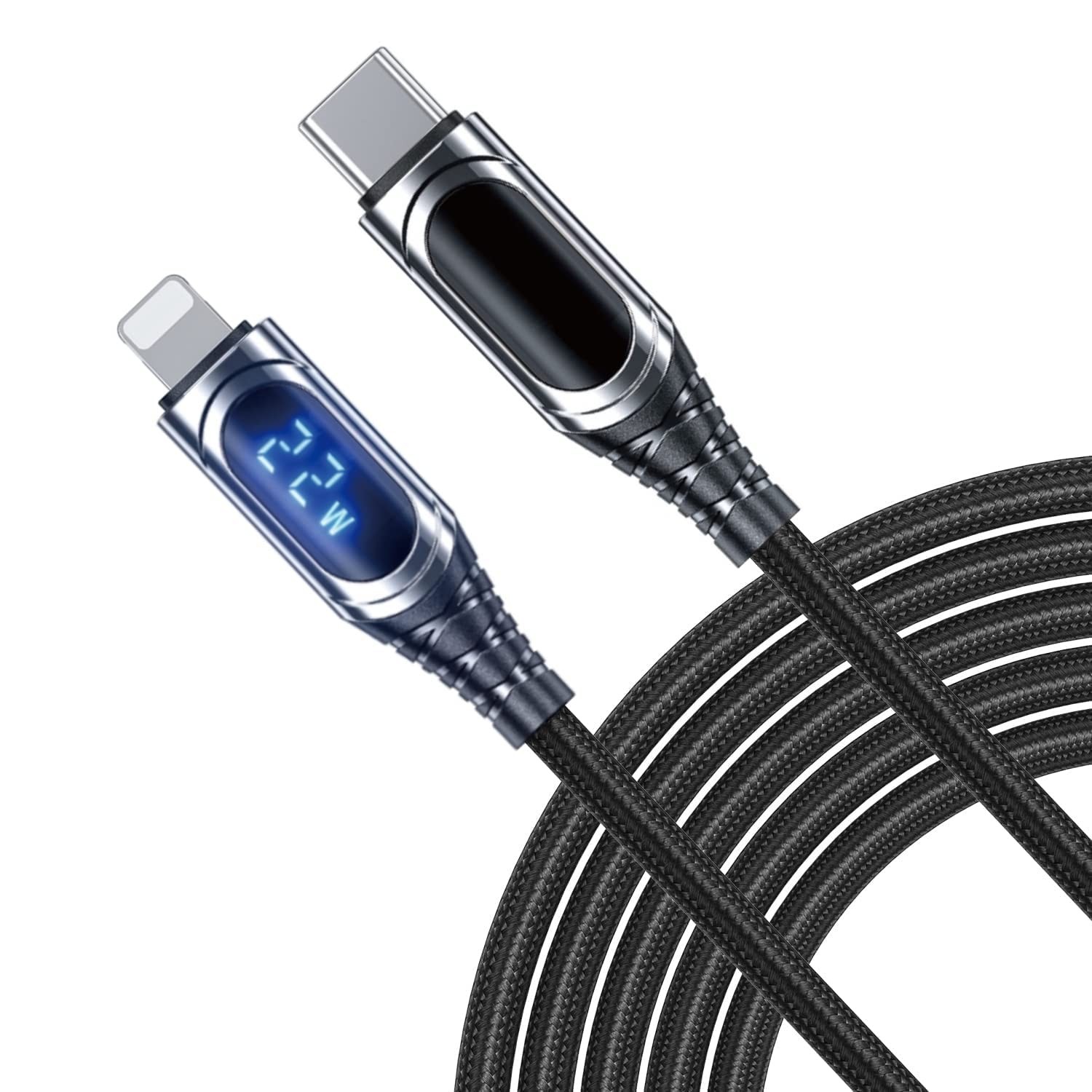 JTP B3 PD/20W Type-C To Lightning 5A Faster Zinc Alloy Charging Cable & LED Display 1.5M/5 Feet Data Cable Nylon Braided Lightning 480Mbps Data Cable Compatible with All Lightning Devices